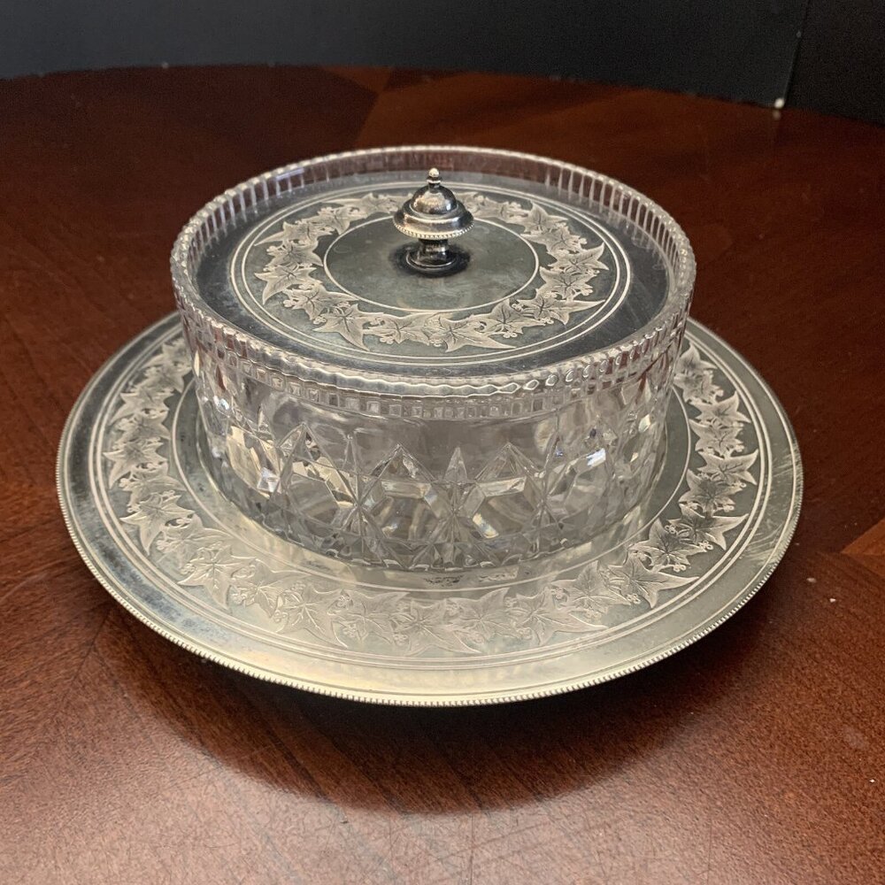 1878 Victorian Pressed Glass Butter Dish Silverplate Tray & Lid Percival Vickers